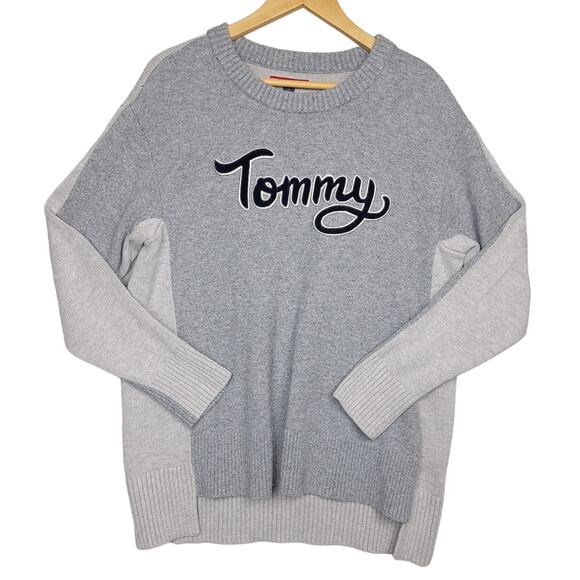 Tommy Hilfiger Women's Knit Velvet Logo Crewneck Wool Blend Sweater Large Gray - Picture 2 of 10